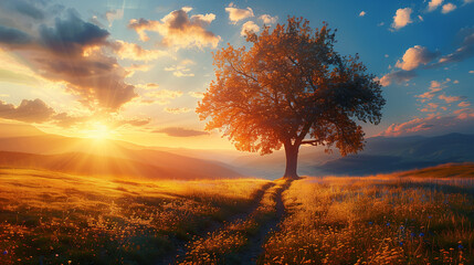 A tree stands in a field with a beautiful sunset in the background
