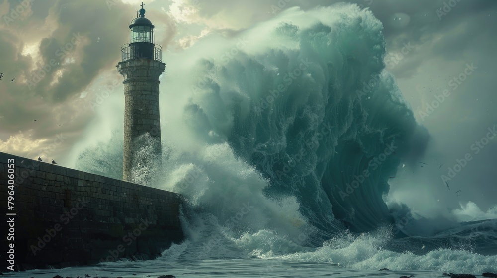 Poster a lighthouse standing strong in the middle of a massive wave. ideal for illustrating strength and re