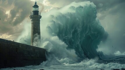 A lighthouse standing strong in the middle of a massive wave. Ideal for illustrating strength and resilience