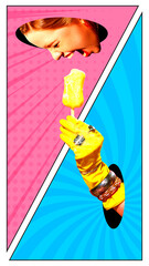 Female hand in rubber glove with luxurious jewelry giving ice cream with female face sticking out hole. Comics. Contemporary art. Concept of creativity, abstract art. Complementary colors, pop art