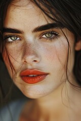 a closeup shot of a spanish fashion model looking at camera with eye lashes lipstick full makeup volume of hair straight face looking at camera smiling, 