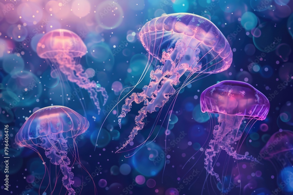 Poster a group of jellyfishs floating in the water. suitable for marine life concepts