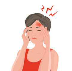 A sad woman holding her head because of sinus pain. The woman has headaches and migraine. Vector flat illustration. Realistic illustration. Headache. An unhealthy woman in pain. Sharp strong sore.