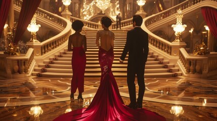 Three people in gl evening gowns and tuxedos stand on a polished marble floor with a regal staircase and opulent chandeliers in the . . - obrazy, fototapety, plakaty