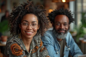 Two people sitting in a cafe, smiling into the camera with a slightly blurred background