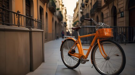beautiful old style blue bicycle on brown and orange wall background. blue and yellow bicycle parked exterior. cement wall background.generative.ai 