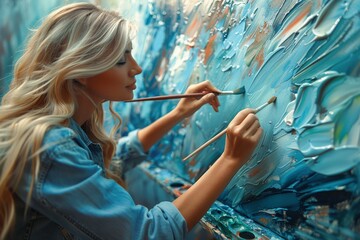 A blonde female artist simultaneously using two brushes on a textured blue canvas