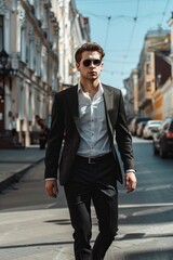 A handsome 20-year-old man wearing black sunglasses is walking on the street, dressed in a suit,Frontal photo,with exquisite light and shadow skin,