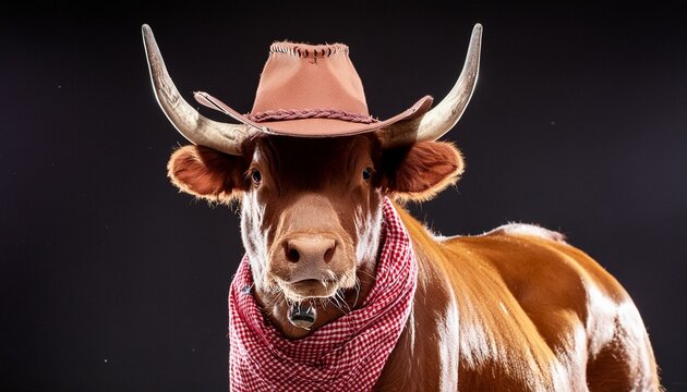 Cow Dressed as Cowboy on Black Background, A whimsical portrayal of a cow in cowboy attire, complete with hat and bandana, against a stark black background.