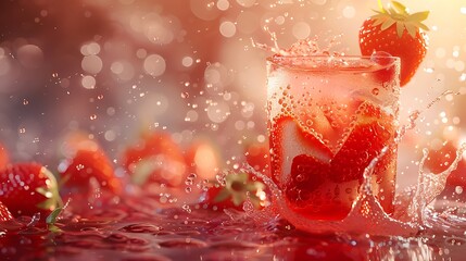 realistic Strawberry juice splash, strawberry berry fruit liquid, summer tropical drink, think...