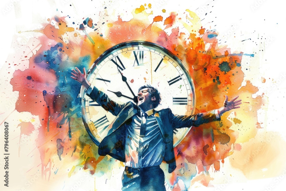 Poster a man holding a clock, perfect for time management concepts