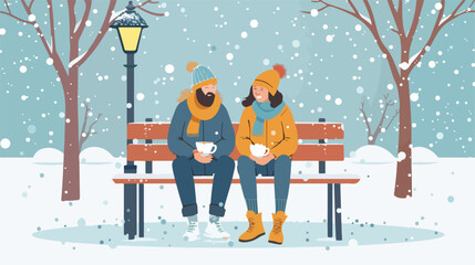 Couple sitting on bench in winter with coffee. Cute vector