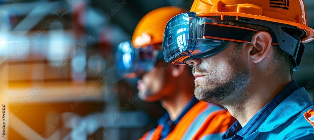 Poster engineers collaborating with augmented reality glasses in design project close up