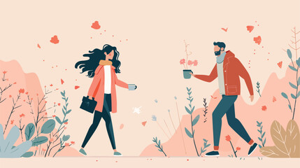 Couple walking in spring holding flowers and coffee