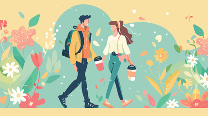 Fototapeta na wymiar Couple walking in spring holding flowers and coffee