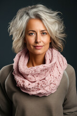 Woman with pink scarf on her neck and brown sweater.