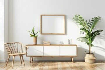 Picture frame mockups on wall furniture sideboard painting.