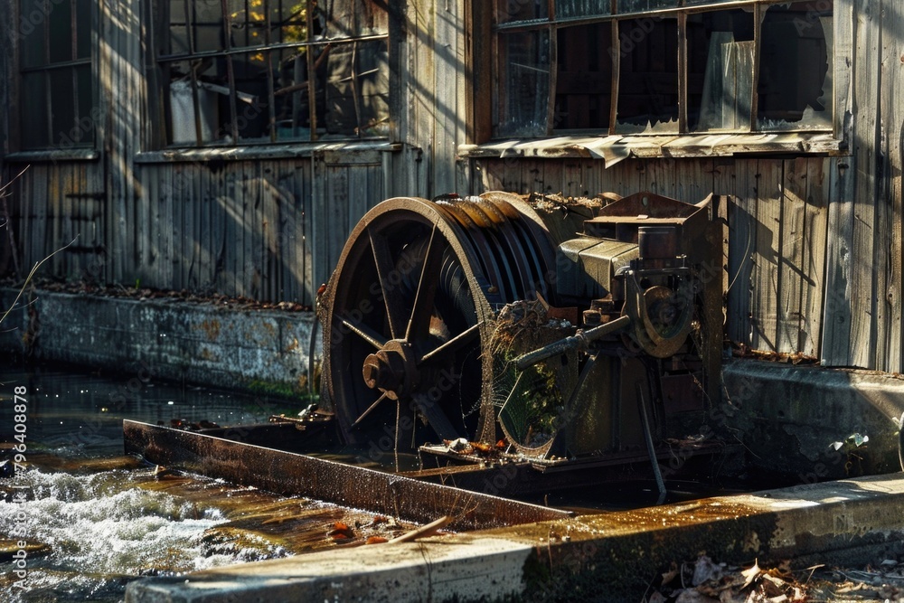 Poster a rustic scene with an old water wheel in front of a building. suitable for historical or rural them