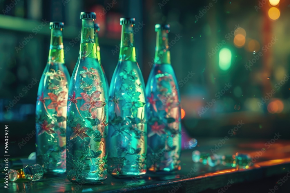 Poster Bottles arranged on a table, ideal for product display