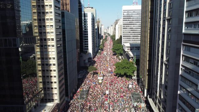 aerial view of the 27th LGBT+ Pride Parade. Avenida Paulista, in São Paulo, Brazil, on June 11, 2023