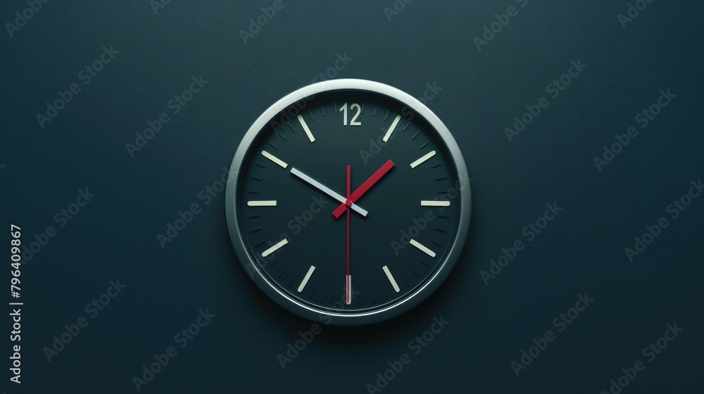 Poster black clock with red hands hanging on a wall. suitable for time management concepts