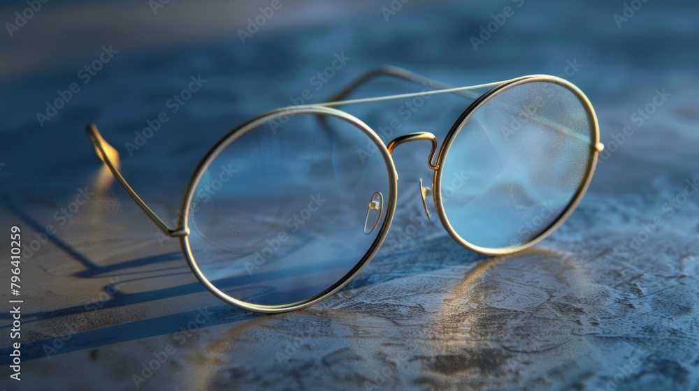 Poster a pair of glasses sitting on a table, perfect for illustrating workspace or reading concepts