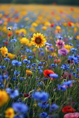 A vast field of cornflowers, poppies and bluebells with one sunflower in the middle, summer photography.