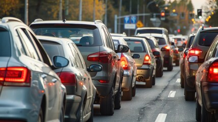 Car traffic jam on highway, Car rush hours city street, car rear view.