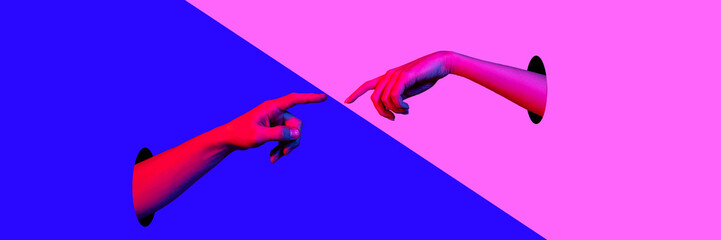 Male and female hands sticking out holes and reaching each other on blue and pink background. Love. Contemporary art collage. Concept of creativity, abstract art. Complementary colors, pop art