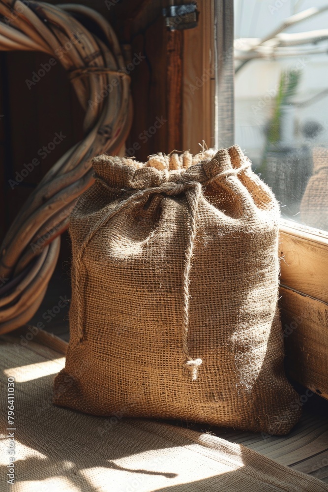 Poster A rustic sack of burlap sitting on a window sill, perfect for adding a touch of farmhouse charm to your projects
