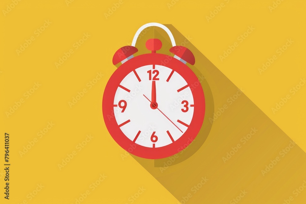 Poster Simple red alarm clock on bright yellow background, perfect for time management concepts