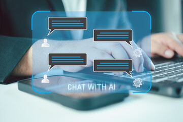 Chatbot chat AI concept. Businessman using AI smart robot technology chatting with chat bot, Chat with AI or Artificial Intelligence technology.
