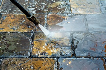 Person using a hose to clean a tiled floor, suitable for cleaning services advertising