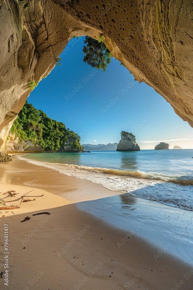 Poster a stunning view of the ocean from inside a cave. ideal for travel websites or nature blogs