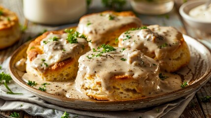 Heart-healthy biscuits and gravy, using whole wheat biscuits, turkey sausage, and reduced-fat milk gravy, perfect comfort food, isolated setup