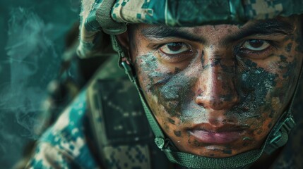 A detailed view of a person in camouflage attire. Suitable for military or outdoor-themed designs - Powered by Adobe