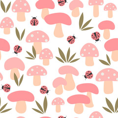 Cute hand drawn cartoon seamless vector pattern background illustration with pink mushrooms, green grass and ladybugs 