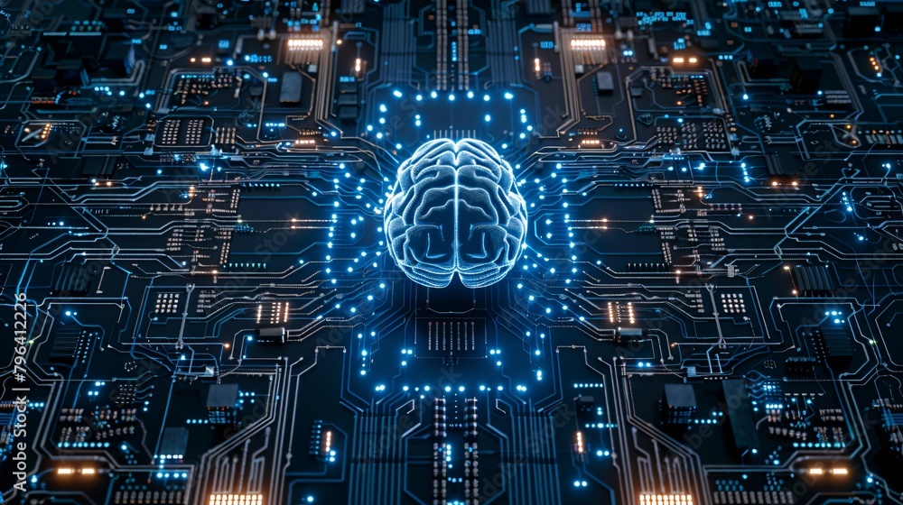 Aufkleber center of futuristic circuit board adorned with glowing cybernetic brain and neural network