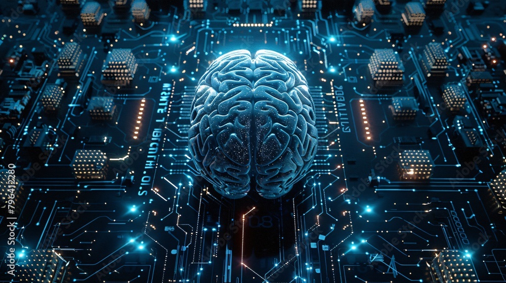 Poster circuit board with a brain on top of it.