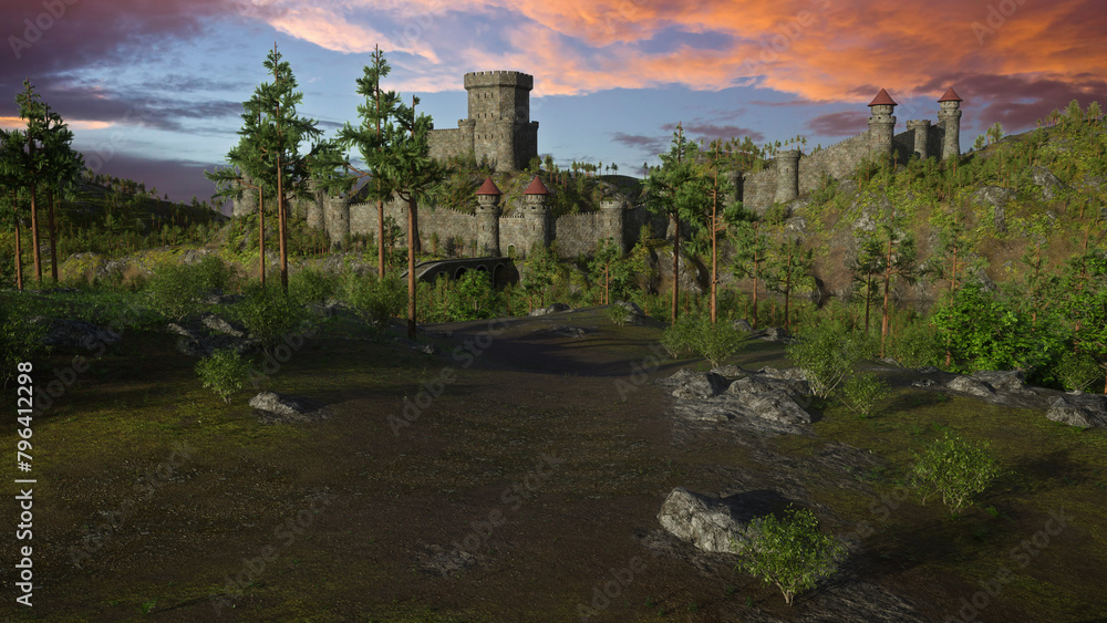 Poster medieval landscape with bridge leading to a large castle surrounded by high walls. 3d rendered illus