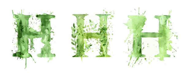Ai Generated Art Watercolor Set of Multiple Different Pastel Sage Green Capital H Letters On a White Background