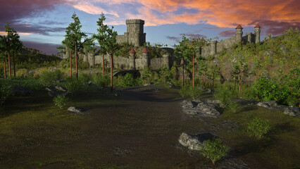 Medieval landscape with bridge leading to a large castle surrounded by high walls. 3D rendered illustration.