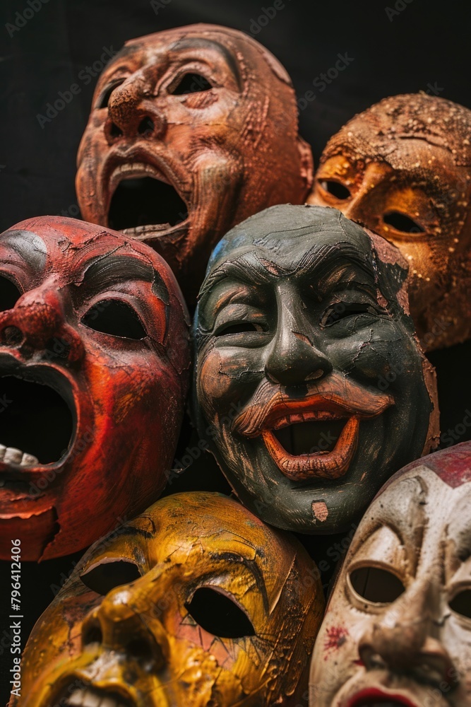 Poster various colored masks displayed on a table. perfect for themed parties or costume events