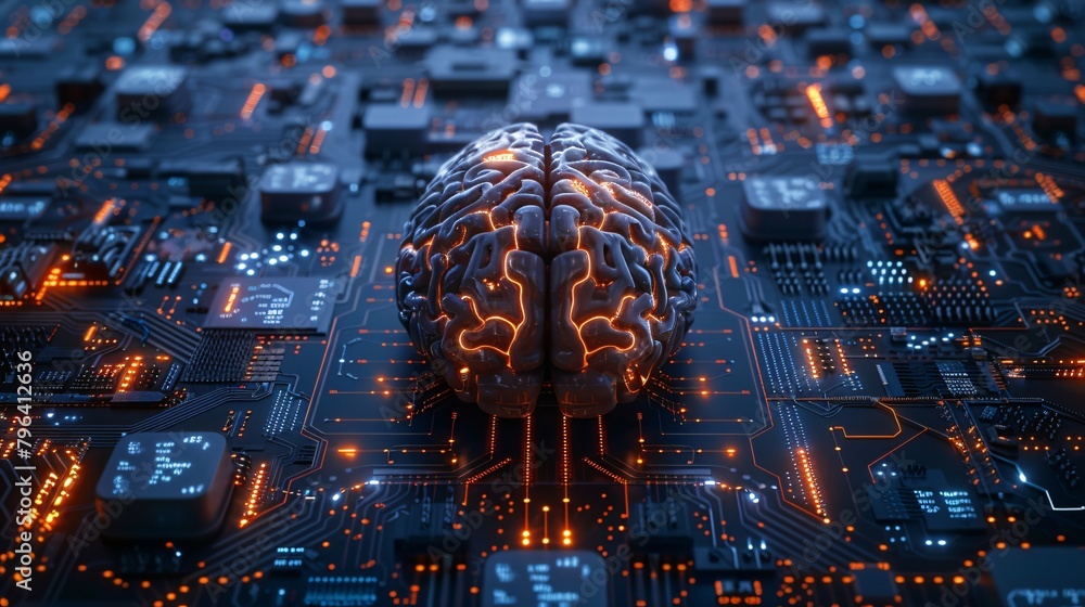 Aufkleber cybernetic brain emits glow at center of futuristic circuit board with artificial intelligence