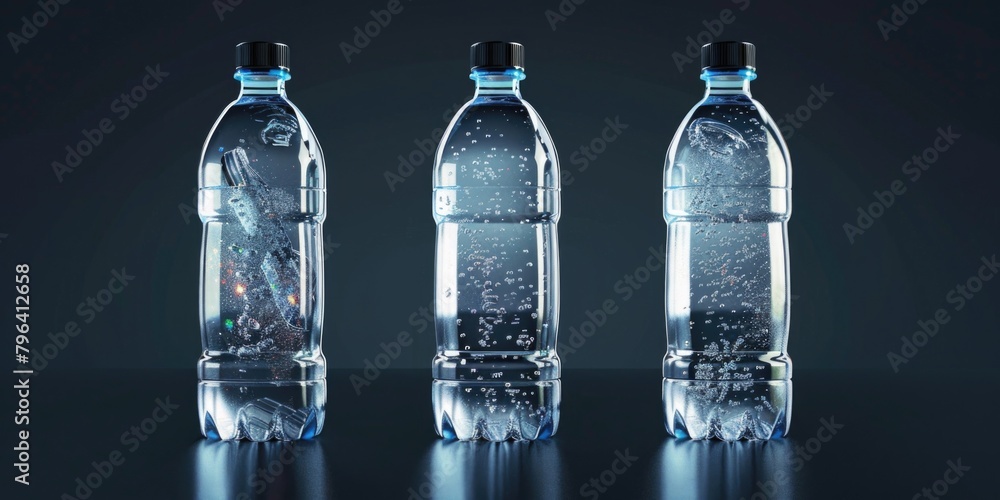 Poster Three bottles of water on a table, suitable for various concepts