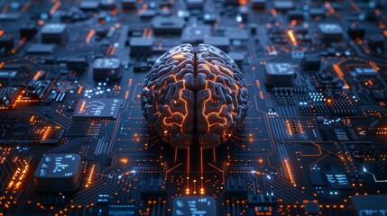 Cybernetic brain emits glow at center of futuristic circuit board with artificial intelligence