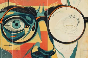 Detailed close-up of a painting featuring a man wearing glasses. Suitable for art and creativity concepts