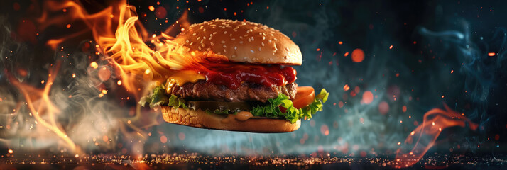  A realistic cheeseburger on fire with flames and exploding particles.