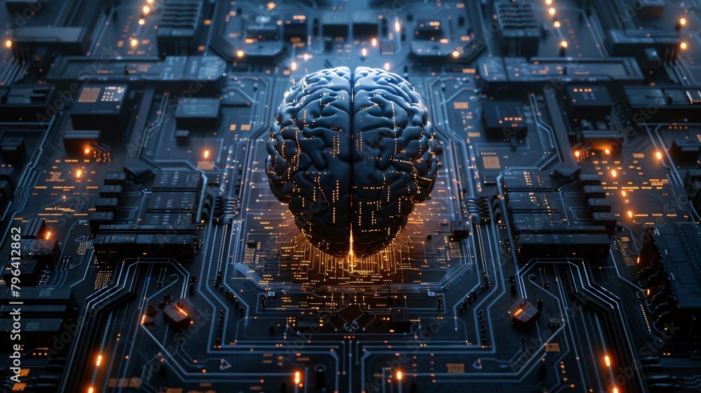 Poster futuristic circuit board design incorporates glowing cybernetic brain with advanced neural network i