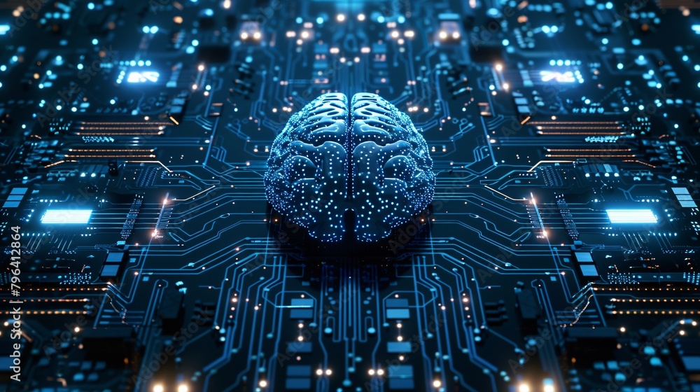 Poster futuristic circuit board integrates glowing cybernetic brain with advanced neural capabilities